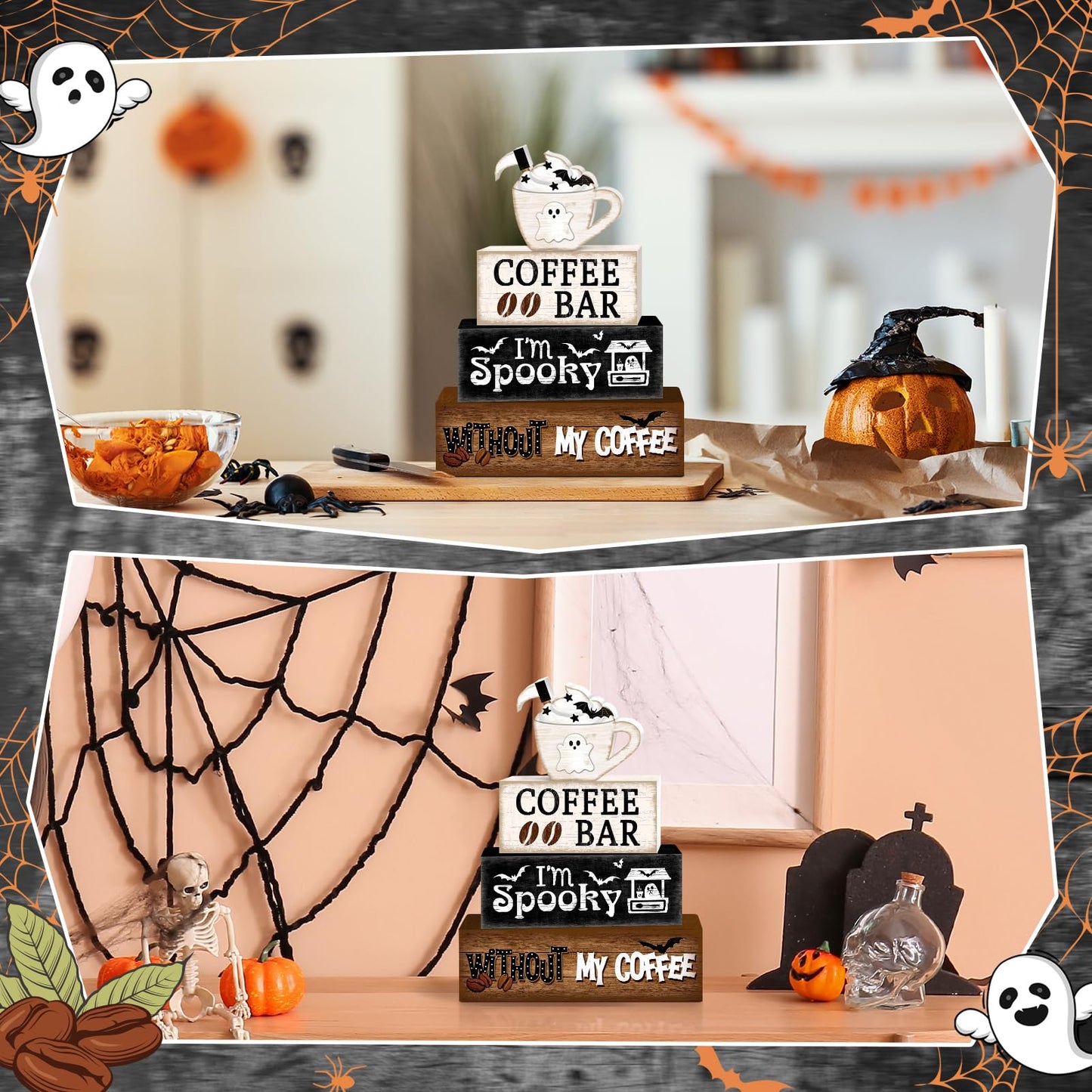 Britimes 4 Pcs Halloween Decorations for Home Coffee Ghost Table Decor Ghost Cup Tiered Tray Decorations Set Gift Rustic Farmhouse Tabletop Decor for Table & Home Office