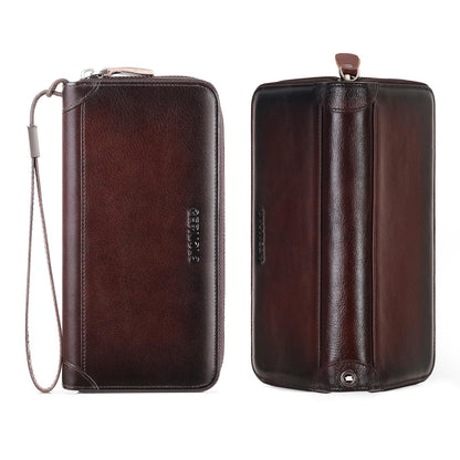 Men's Genuine Leather Zipper Wallet with RFID Blocking, Phone Pocket，Long Zipper Pouch Wallet (Coffee)