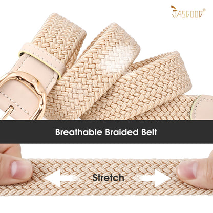 JASGOOD Braided Elastic Belt for Women Stretchy Woven Golf Belt Casual Web Belt for Jeans Pants with Gold Buckle, Beige, Fit Waist Size 37inch-41inch