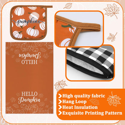 Leinuosen 6 Pack Fall Thanksgiving Kitchen Set with 2 Hello Pumpkin Dish Towels, 2 Pot Holders and 2 Buffalo Plaid Oven Mitts for Gifting, Baking and Cooking
