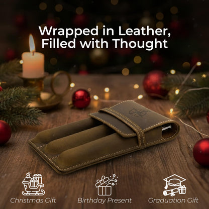 WANDERINGS Vintage Leather 3-Slot Pen Pouch – Handcrafted Brown Pen Case – Individual Leather Pen Sleeves for Fountain Pens, Rollers & Ballpoints – Pen Holder for Men and Women – 3.4" x 6" x 0.8"