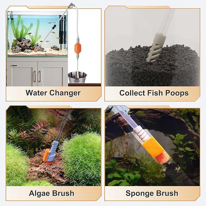 Carefree Fish Aquarium Siphon Vacuum Water Changer Kit for 3~10Gal Tank with 6Ft Water Hose Gravel Cleaner Cleaning Tools Collect Fish Poops and Long Handle Multifunctional Algae Brush