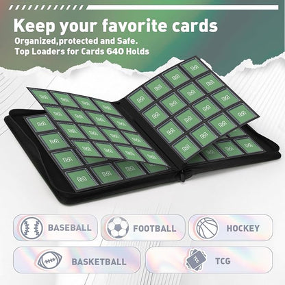 16 Pocket Toploader Binder,Holds 640 Top Loaders,Top Loader Binder for 3" x 4"Rigid Cards,Sleeves Card Collection Binder,20 Double Sided Pages,Compatible with Trading & Sports Holder (16Dark Green)