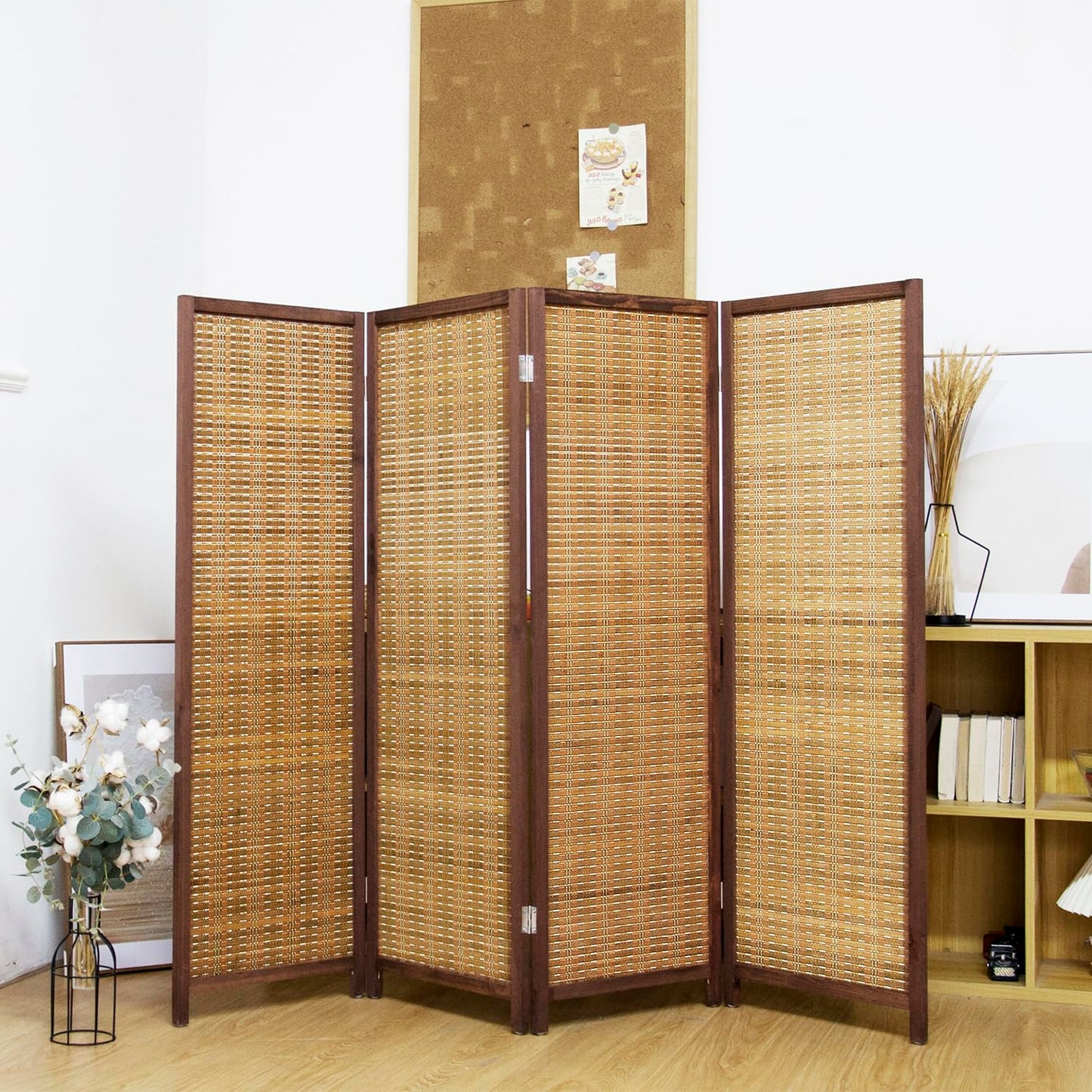 Pawlabay 4 Panel Short Panel Divider Screen,3.95 FT Tall Bamboo Room Divider Folding Privacy Screen,Short Panel Divider Freestanding Room Divider for Room Seperation,Brown