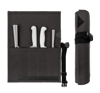 Under NY Sky Knife Roll Case - 4 Slots - Heavy Duty Waxed Canvas Pouch - Leather Reinforced - Portable Bag for Cooking Tools, Utensils, Cutlery Knives, Brushes - Chefs, Kitchen, Travel, Gift - GrayCV