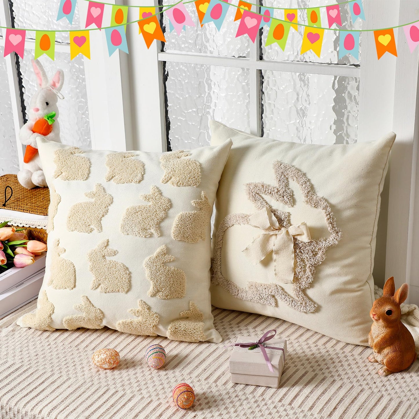 Moucuny 2 Pcs Halloween Decorations Pillow Covers 18x18 Embroidery Tufted Cute Ghost Throw Pillow Covers Halloween Embroidery Home Decoration Cotton White Pillowcases Decor for Couch Sofa Bed Bedroom