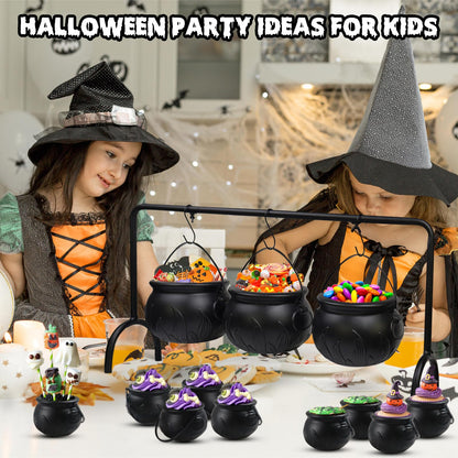 CESOF Cauldron Halloween Party Decor, Set of 12 Hanging Black Plastic Cauldron Bowls with Iron Rack, Large and Mini Candy Bucket Serving Punch Bowl for Table Witch Hocus Pocus Indoor Home Decorations