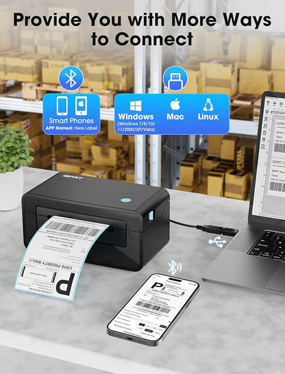iDPRT Bluetooth Thermal Shipping Label Printer for Phone, 4x6, Supports Windows/Mac/iOS/Android, Ideal for Small Business and Shipping Packages