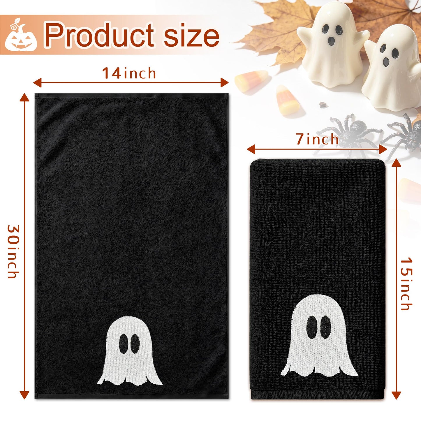 Hexagram Halloween Hand Towels Set of 2, Embroidered Ghost Black Bathroom Towels, Halloween Decor, Dish Towel for Drying Cleaning 14x 30 Inch