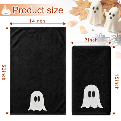 Hexagram Halloween Hand Towels Set of 2, Embroidered Ghost Black Bathroom Towels, Halloween Decor, Dish Towel for Drying Cleaning 14x 30 Inch