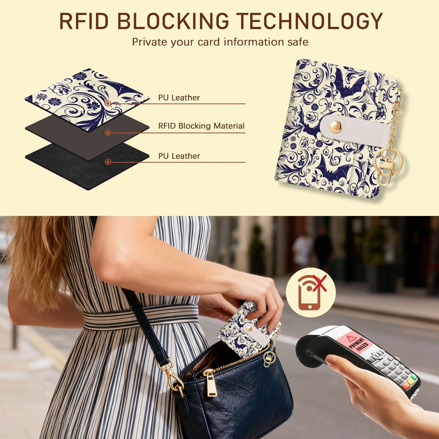 Jogjam Goth Bat Rfid Ladies Wallet, Small Slim Thin Compact Credit Card Women Wallet, Gothic Horror Halloween PU Leather Bifold Cash Zipper Coin Pocket ID Window fot Female