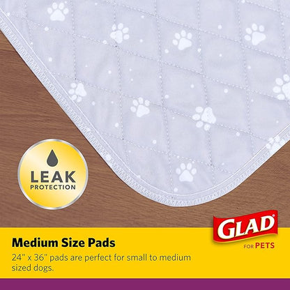 Glad for Pets Washable Dog Pee Pads, Medium, 24 x 36 Inch, 2 Count, Gray with Paw Prints, 3-Layer Leak Protection, No-Slip Vinyl Bottom, Reusable Puppy Training Pads (Pack of 2)