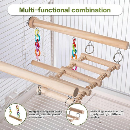 Bird Perches Ladder with Swing, Natural Wood Parrot Climbing Bridge Perch Toys,Wood Climbing Ladder for Parakeet, Exercise Play Stand Parakeet Cage Accessories for Budgie Conure Lovebird Canary,A