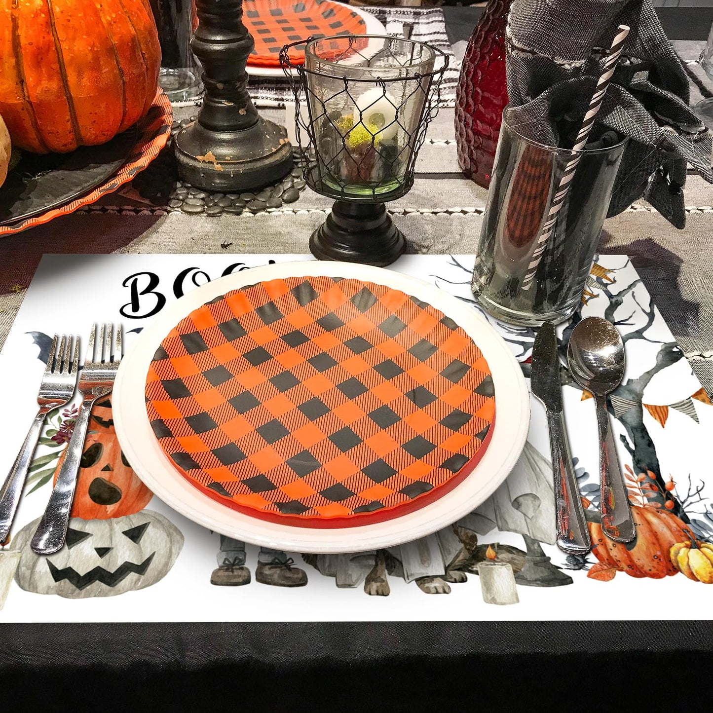 JarThenaAMCS 50Pcs Halloween Boo Paper Placemats Ghost Pet Pumpkin Dining Table Mats Disposable Place Mats for Home Kitchen Restaurant Party Decor, 11 x 17 Inch