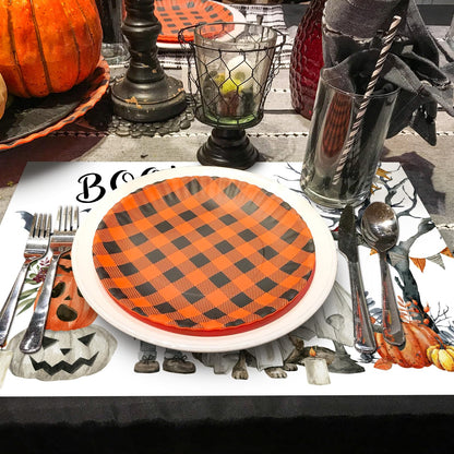 JarThenaAMCS 50Pcs Halloween Boo Paper Placemats Ghost Pet Pumpkin Dining Table Mats Disposable Place Mats for Home Kitchen Restaurant Party Decor, 11 x 17 Inch