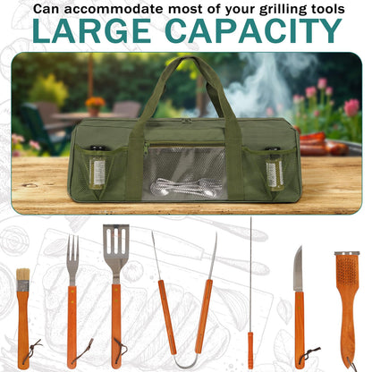 Frjjthchy Grill Tool Storage Bag, Large Grill Utensil Storage Caddy with Pockets, Portable Grill Accessory Storage Bag for Outdoor Camping & BBQ (Green)