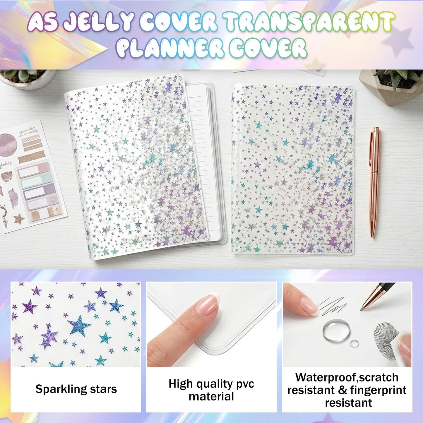 5 Pcs A5 Planner Cover,Glitter Star Jelly Cover Transparent Notebook Cover,Waterproof PVC Clear Journal Cover for a5 Standard Notebooks,Sparkling Star Design