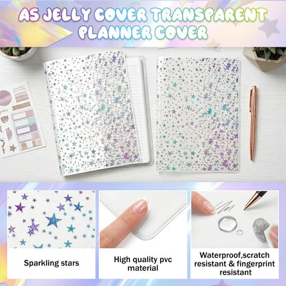 5 Pcs A5 Planner Cover,Glitter Star Jelly Cover Transparent Notebook Cover,Waterproof PVC Clear Journal Cover for a5 Standard Notebooks,Sparkling Star Design