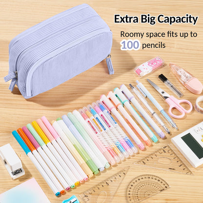 Sooez Big Capacity Pencil Case Pen Pouch, Soft Corduroy Pencil Bag with 3 Compartment, Multiple Pockets, Sturdy Zipper, Cute School Supplies Pen Bag Organizer For Teen Girls College, Blue