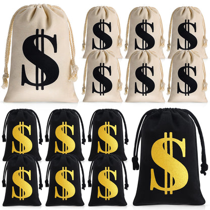 Shihanee 24 Pcs 9 x 6.3 Inch Canvas Money Bag with Drawstring Closure Costume Money Bag Pouch Dollar Sign Carrying Sack Prop for Party favor Bank Robber Pirate Cowboy Cosplay Theme Party (Beige,Black)