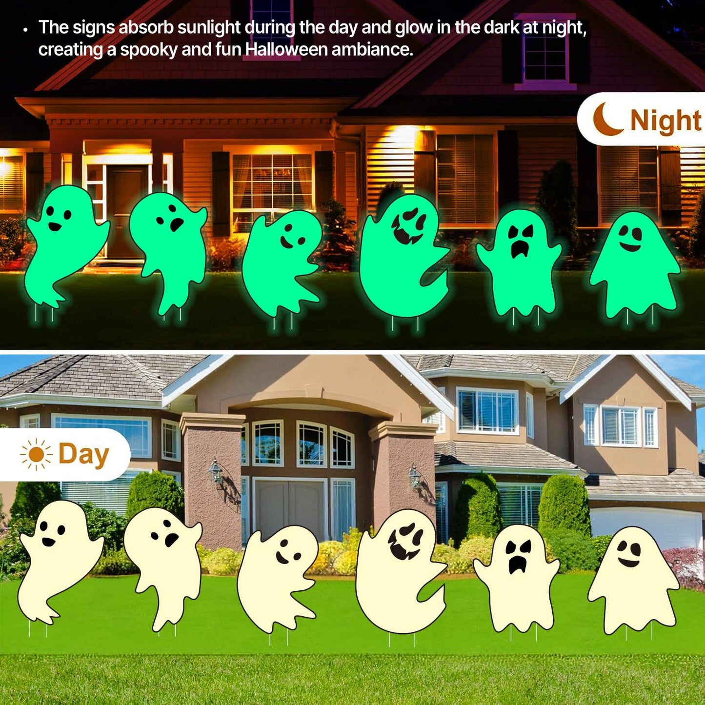 6Pcs Halloween Ghost Yard Stakes Glow in The Dark, 17"x12" Large Light Up Scary Ghost Decorations for Outdoor Lawn, Porch, Cemetery and Indoor Haunted House Displays, Waterproof and Easy Setup