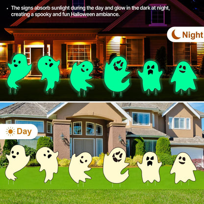 6Pcs Halloween Ghost Yard Stakes Glow in The Dark, 17"x12" Large Light Up Scary Ghost Decorations for Outdoor Lawn, Porch, Cemetery and Indoor Haunted House Displays, Waterproof and Easy Setup