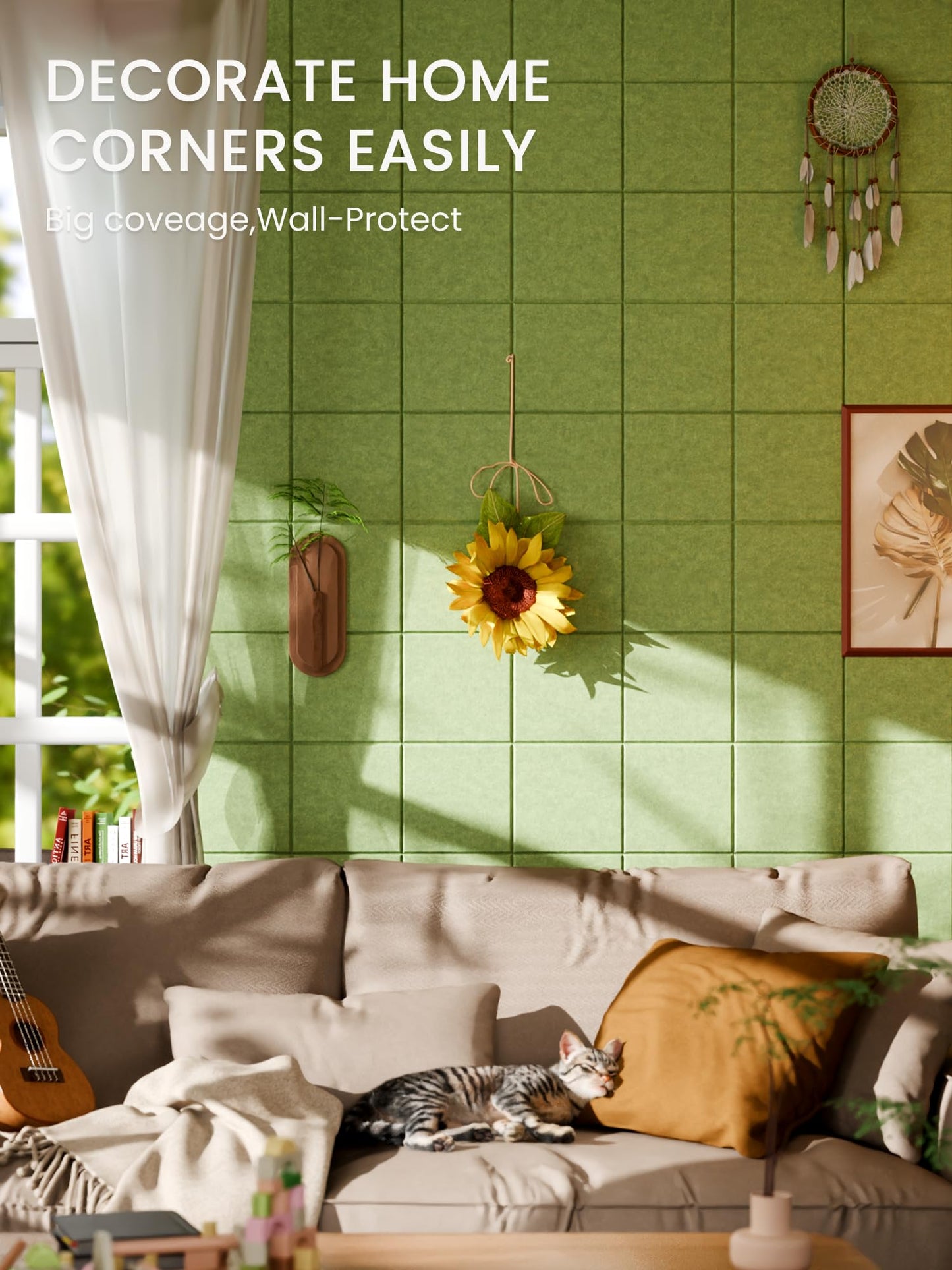 Bumusty Large Felt Bulletin Board, 48" x 36" Cork Board Alternative, 12-Pack Wall Tiles with 4-Compartment Design, 30 Push Pins, 70 Adhesive Tabs, Ideal for Office & Home Decor, Kelly Green