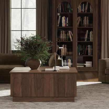 FORTUNETEC Lift Top Coffee Table with Storage, Modern Coffee Table with Arched Design, 31.5" Square Tea Table with Wood Grain, Minimalist Multifunctional Center Table for Living Room, Office, Walnut