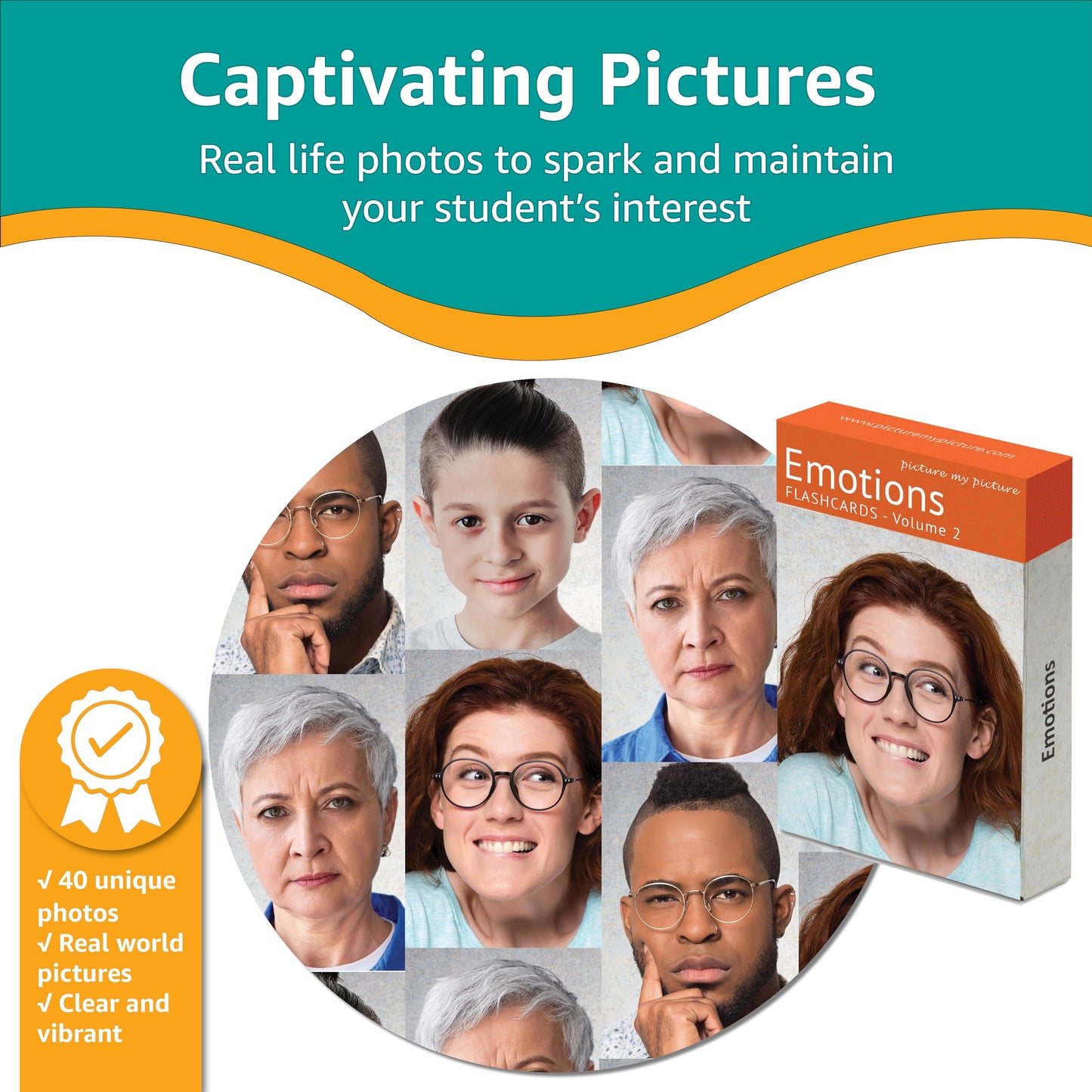 Picture My Picture Emotions Volume 2 Flash Card Set – Speech Therapy Tool for Vocabulary, Communication & Thinking, Scratch-Resistant with Activity Guide, Suitable for Education, ESL & ABA – Set of 40