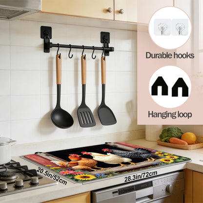 Farm Rooster Chickens Stove Top Cover for Electric Stove 28x20 Inch Silicone Stove Topper & Protector, Decorative Kitchen Mat for Electric/Glass Stove Top