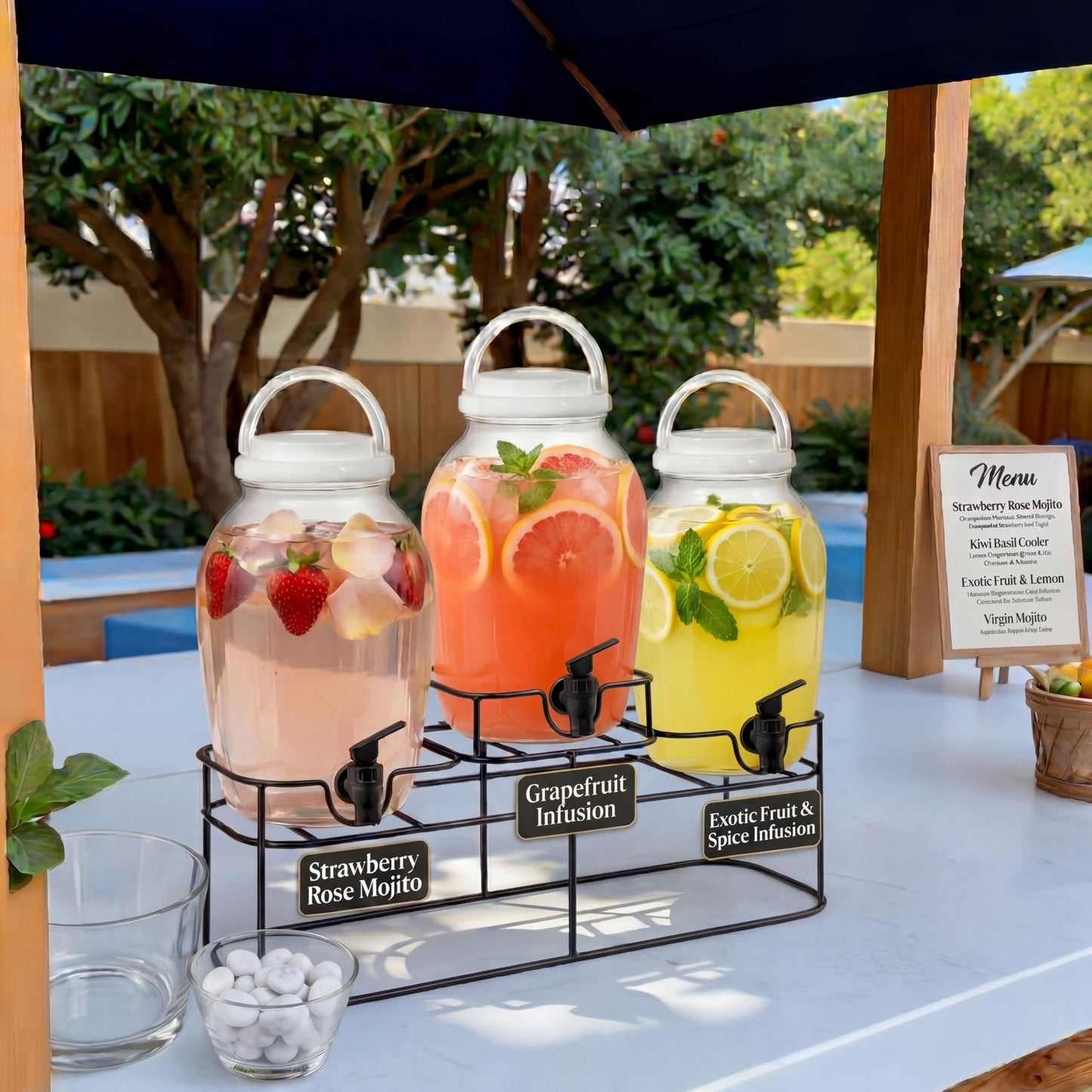 Tanlade 3 Pcs Plastic Drink Dispenser with Spigot and Metal Stand 1.2 Gallon Beverage Dispenser for Parties Juice Dispensers Lemonade Jar with Lids for Cold Drink Tea Water Container