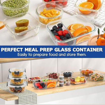 AMALEKO 42pcs Glass Food Storage Containers with Lids Set, 21 Containers & 21 Lids Glass Meal Prep Containers with Snap Locking Lid Set, Leak Proof Lunch Container BPA-Free,Grey