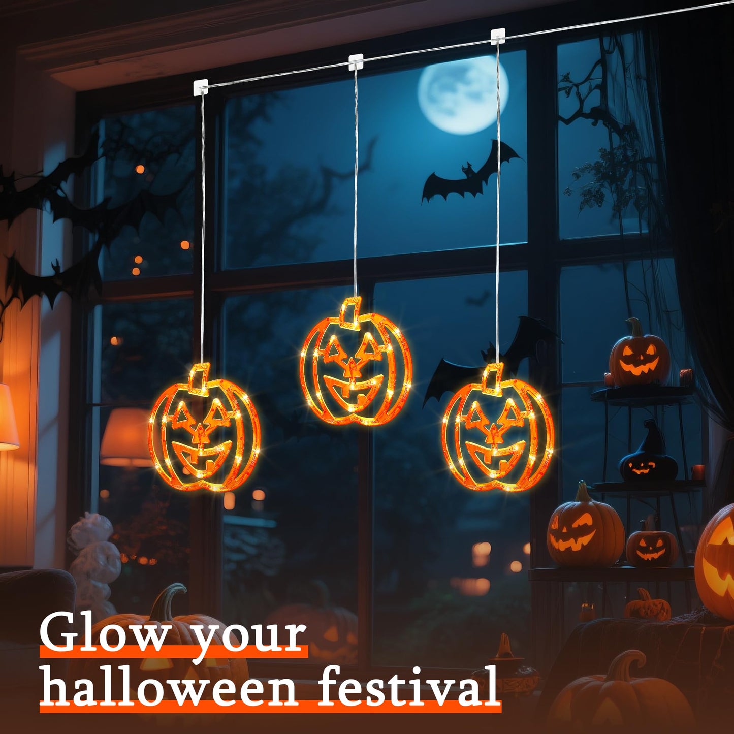 Qunlight Halloween Window Lights,3 Pack 48LED Pumpkin String Light with Battery Operated,Timer Memory Hanging Orange Halloween Light for Spooky Decor Outdoor Indoor Curtain Home Party Gift
