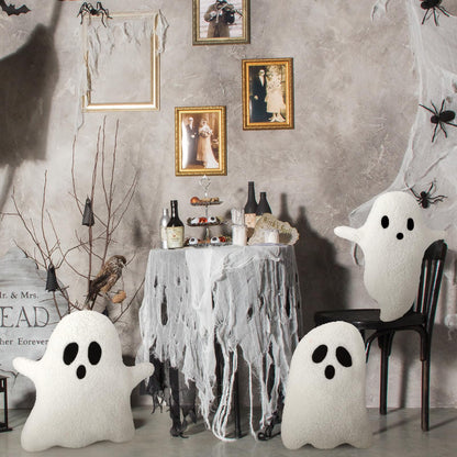 Soaoo 3 Pcs Halloween Pillows 12.6'' x 9.45'' Decorative Spooky Pillows for Sofa White Throw Pillows Decorative Plush Sofa Ghost Cushion for Indoors Home Outdoor Couch Kids