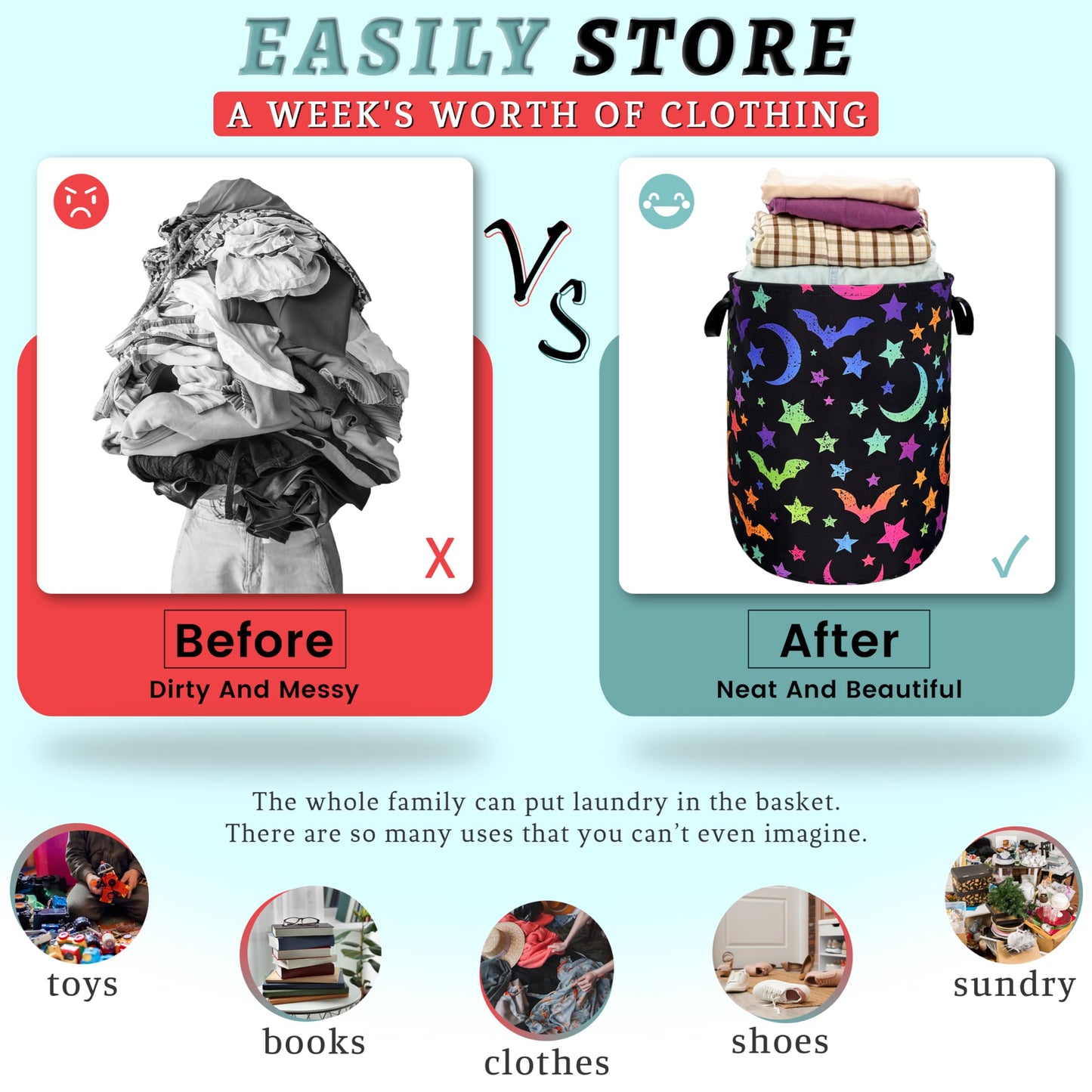 Colorful Bats Laundry Hamper Moon Stars Laundry Basket With Handles Foldable Oxford Cloth Goth Style Funny Tote Bag Clothes Toy Storage Bucket 18.9" x 16.5" For Bathroom/Laundry/Bedroom
