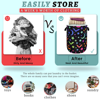 Colorful Bats Laundry Hamper Moon Stars Laundry Basket With Handles Foldable Oxford Cloth Goth Style Funny Tote Bag Clothes Toy Storage Bucket 18.9" x 16.5" For Bathroom/Laundry/Bedroom