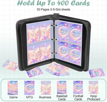 Card Binder 4 Pocket, 400 Pockets Card Holder Compatible with Game Cards Gift for Girls, Trading Card Binder Album Case Book Storage CCG, MTG, Baseball, Football, Sports - Small,Pink White