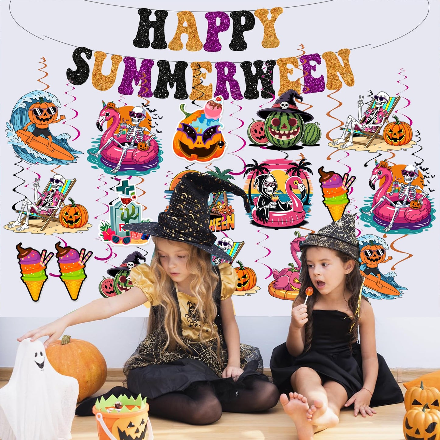 Happy Summerween Banner with Hanging Swirls Summer Halloween Party Decorations, Hawaii Halloween Tropical Summerween Ceiling Swirls Banner Party Decorations