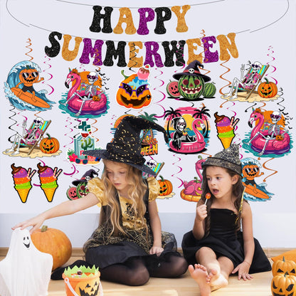 Happy Summerween Banner with Hanging Swirls Summer Halloween Party Decorations, Hawaii Halloween Tropical Summerween Ceiling Swirls Banner Party Decorations