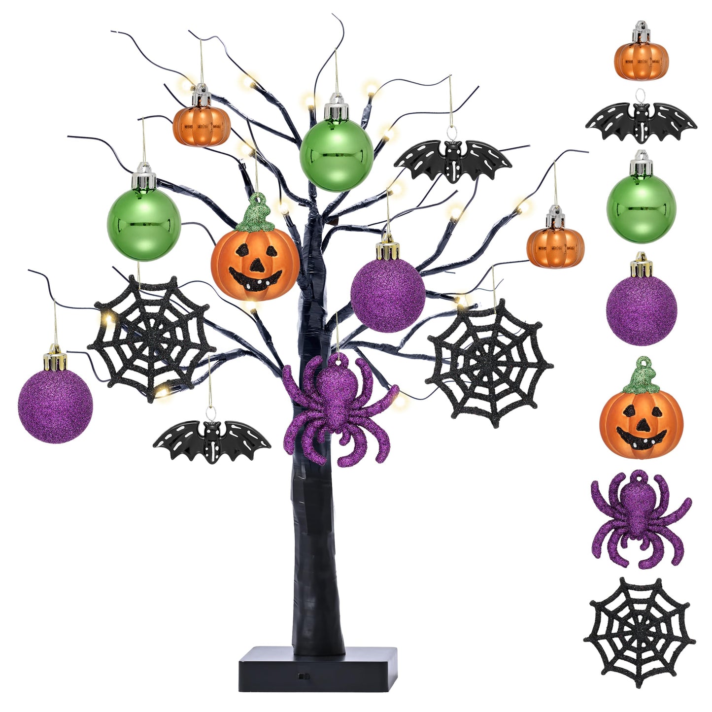 Valery Madelyn 16Inch Halloween Black Tree with 12ct Shatterproof Ornaments, Halloween Tabletop with Hanging Tree Decorations Ball Pumpkins Spider Bat Jack O Lantern(24 Orange LEDs)