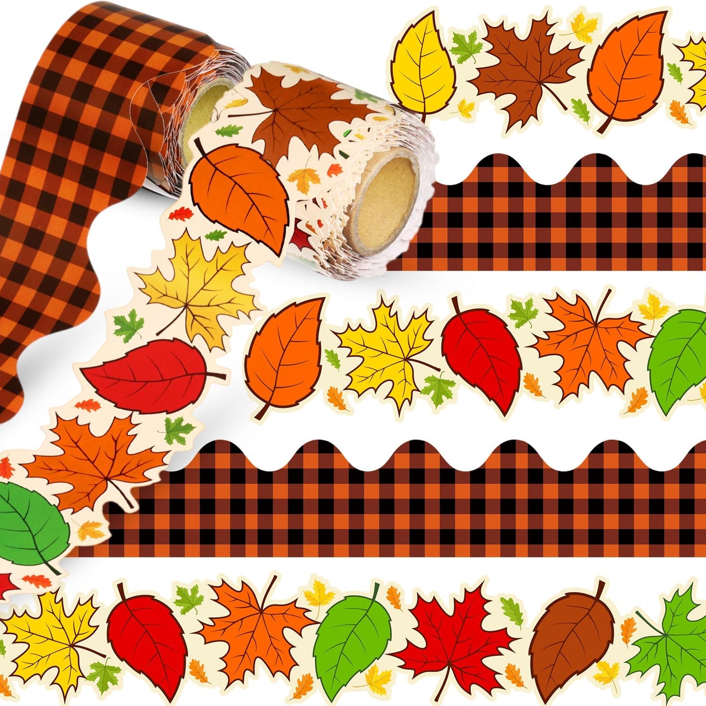 Trandraft 2 Rolls 65.6ft Fall Bulletin Board Borders Maple Leaves Rolled Bulletin Trim Orange Plaid Board Decorations Autumn Harvest Thanksgiving Party Classroom Office Wall Decor