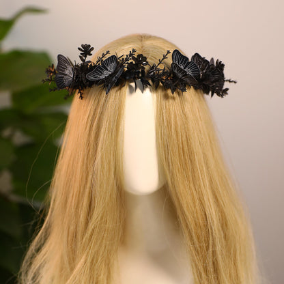 MOSTORY Handmade Black Flower Butterfly Crown - Gohic Elf Headpiece Fairy Floral Headband Dark Wreath for Women s Halloween Renaissance Cosplay Festival Witch Party
