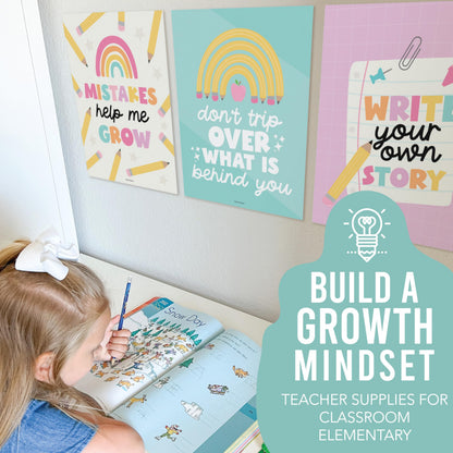 Hadley Designs Motivational Poster for Classroom Decor - 9 Growth Mindset Classroom Posters Elementary, Inspirational Wall Decor Middle School, Teacher Must Haves, Pastel Bulletin Board Decorations