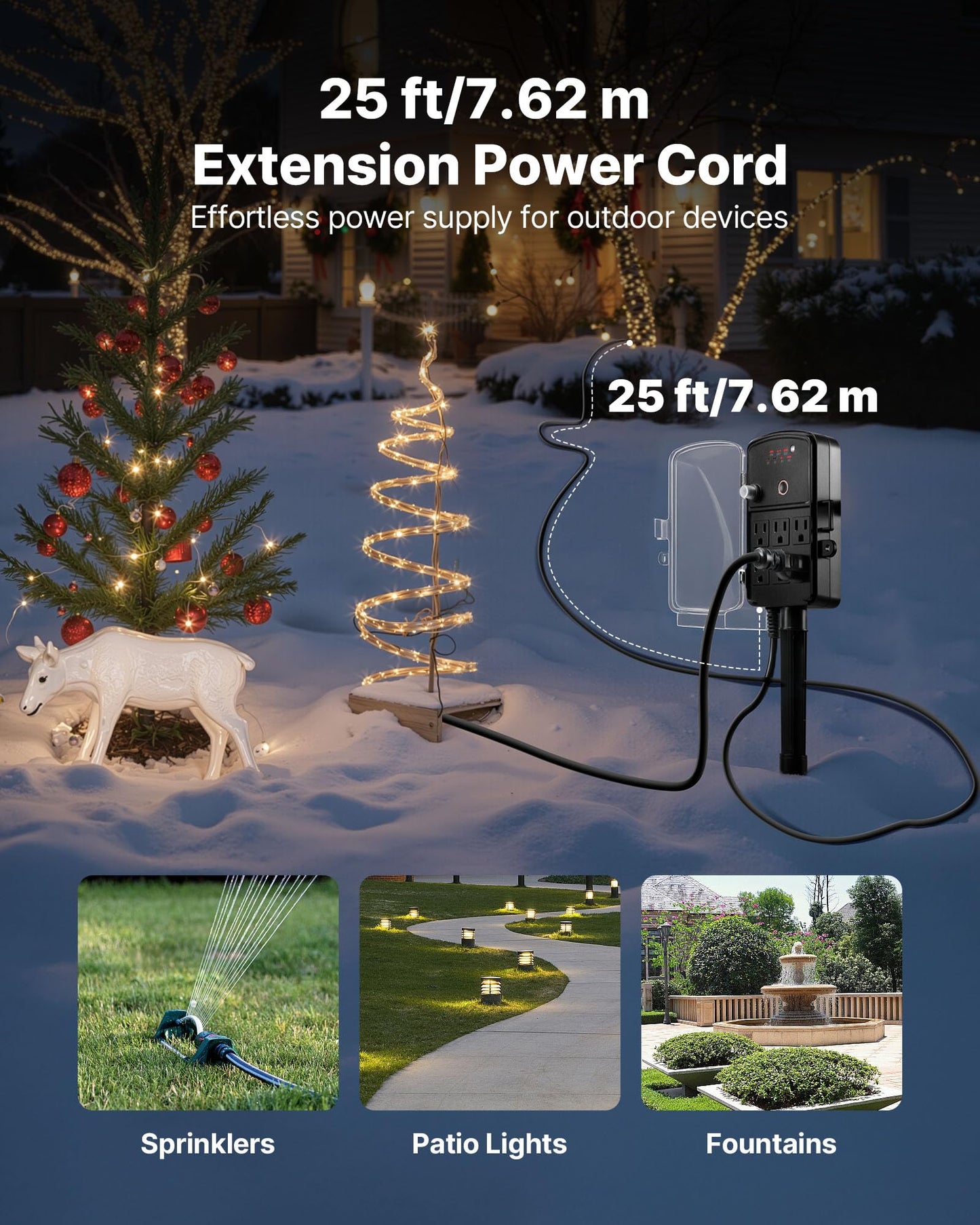 VEVOR Outdoor Power Stake Timer, 25FT Extension Cord, Remote Control Outdoor Power Strip with Cover, Dusk to Dawn Light Timer Waterproof, 6 Outlets for Halloween Christmas Lights, Garden Decorations