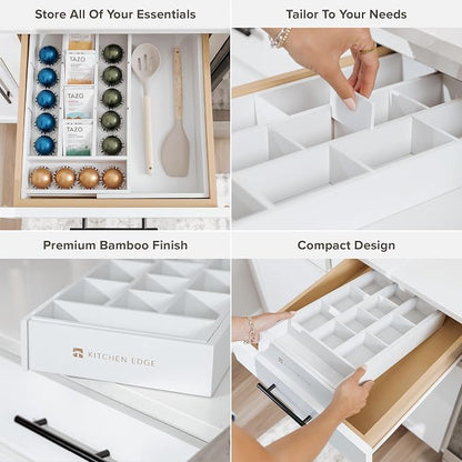 KitchenEdge Tea Bag and Coffee Pod Kitchen Drawer Organizer, Expandable 9.7 to 17 Inches, 10 Storage Compartments, Adjustable Wall Inserts, Non-Slip Feet, Food-Safe White Finish, 100% Bamboo Wood