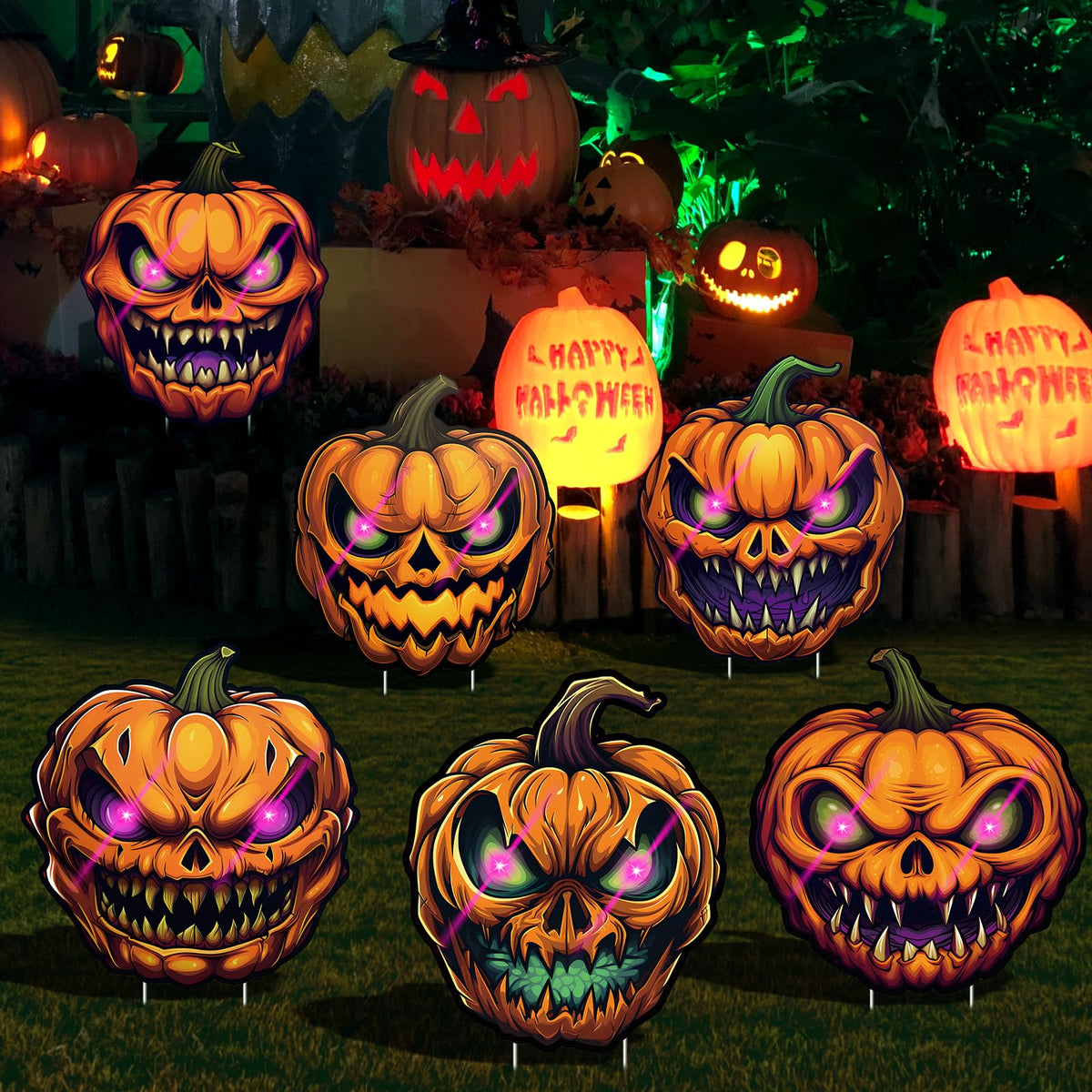 6 Pack Pumpkin Halloween Decorations Plastic Yard Signs with Stakes,Halloween Decorations Outdoor, Scary Silhouette with Glow in Dark Eyes for Outdoor Yard Lawn Garden