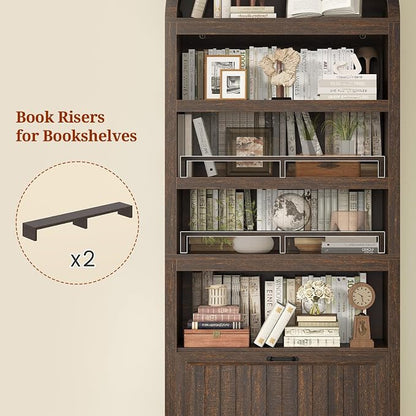 81" Tall Arched Cabinets,Bookcase with Drawer storage,Mid-Century Modern 5-Tier Bookshelf,2 Book Risers and Adjustable Shelves offering more storage space for Living Room,Kitchen,Home Office,Walnut
