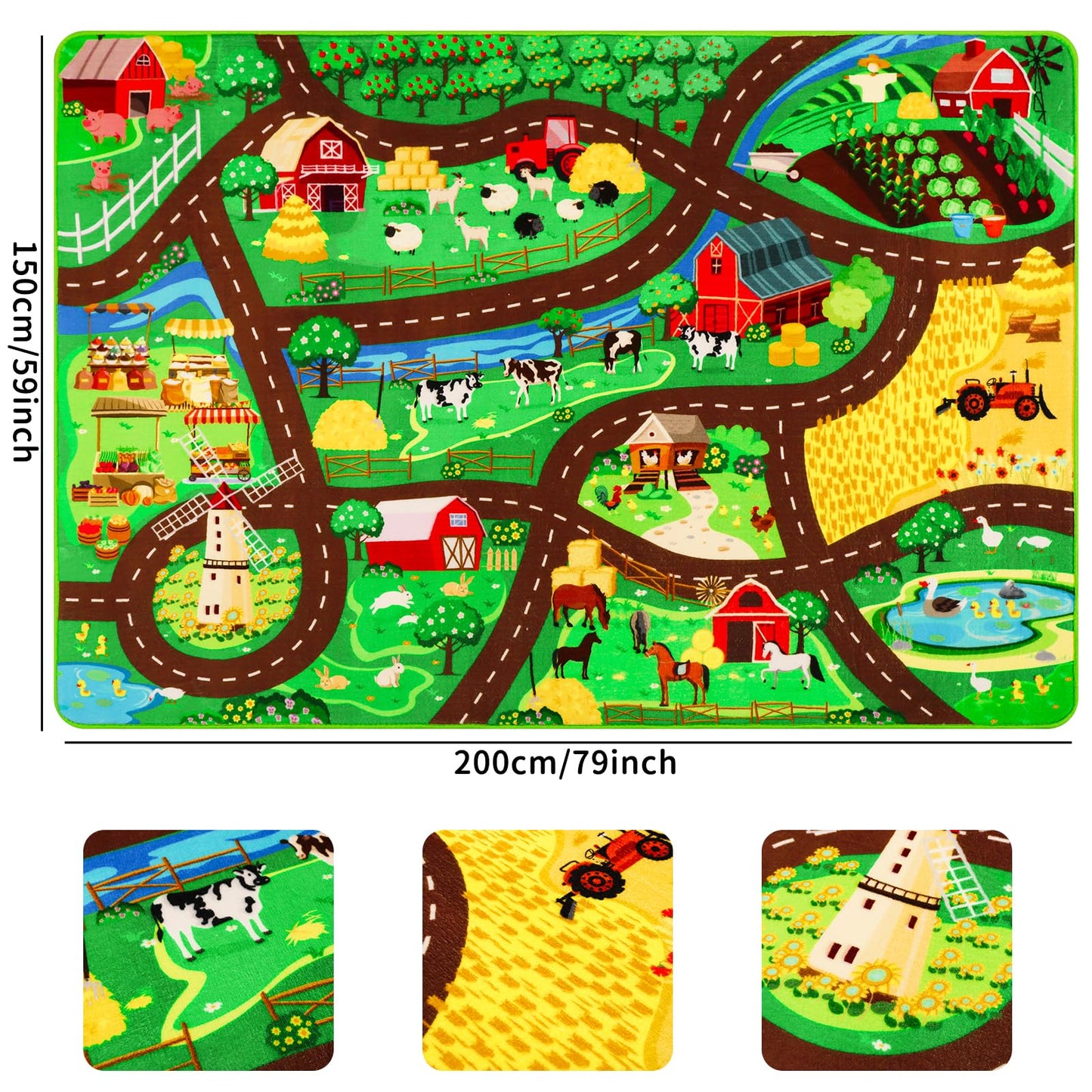 Kids Car Carpet,4'11" x 6'7" Car Rugs for Kids Toy Cars,Non-Slip Farmhouse Road Rug for Kid,Kid Room Race Track Rug,Pasture Track Mat Car Play Rugs for Playroom Bedroom Boys(for Age 2+)