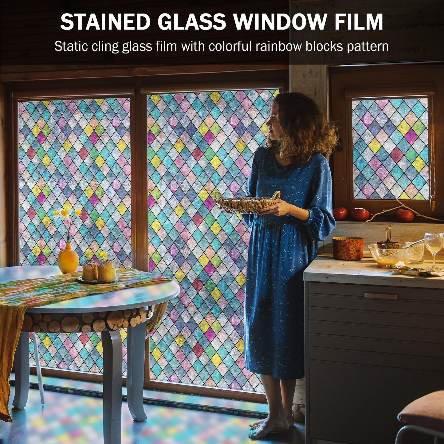 FEOMOS Stained Glass Window Film, Window Privacy Films, Colorful Lattice Window Tint, Rainbow Glass Decals Stickers for Home Anti UV 17.3x118 inches
