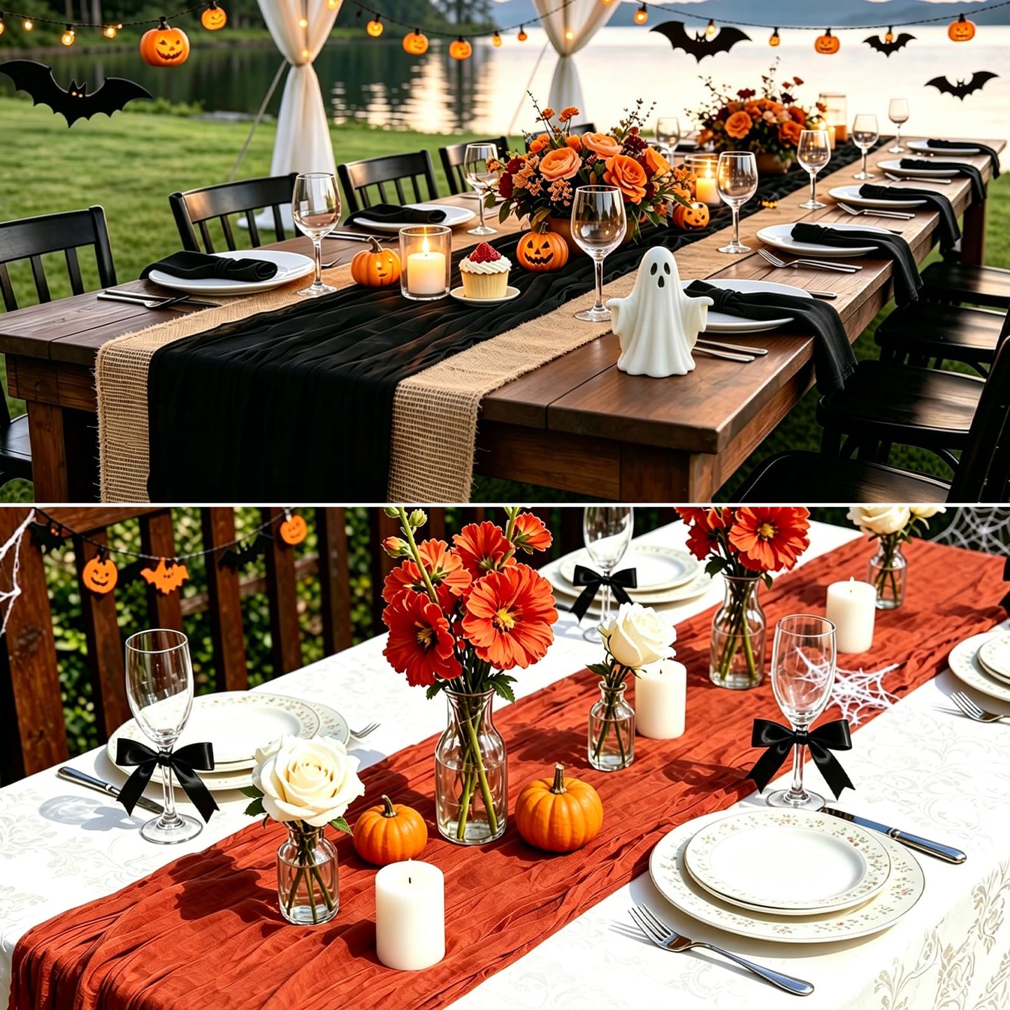 3 Pcs Black Cheesecloth Table Runner 35"×120" - 10FT Halloween Gauze Sheer Table Runner,Boho Rustic Table Runner,Table Decorations for Graduation, Birthday, Holiday Decor